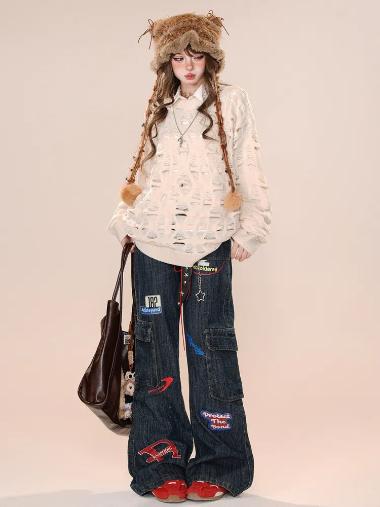 Cargo Jeans High Leg Dark Blue Wide Street