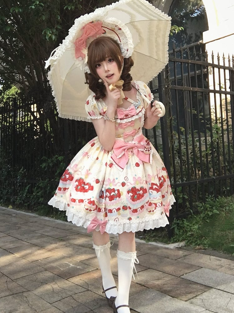 Lolita Short One White Sleeves Piece Sweet Dress Creamy Strawberry Print Cute Cake