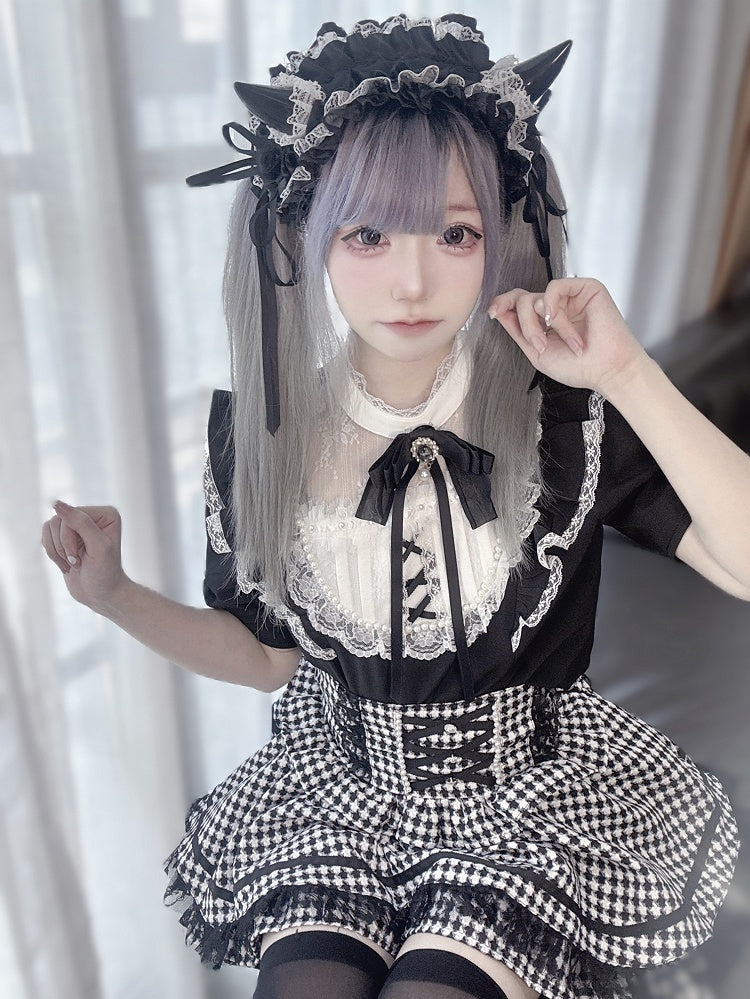 / Lace Trim with Bead Details White Plaid Blouse Jirai Kei Illusion Neckline Black