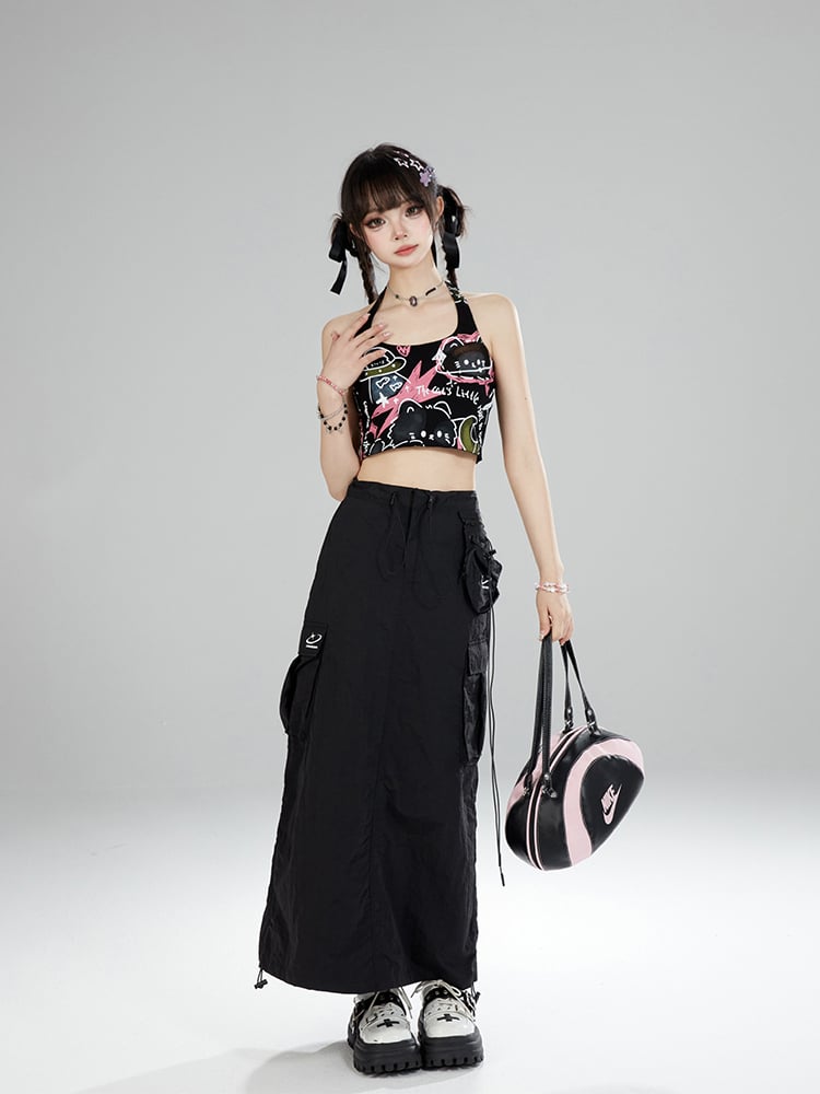 with Adjustable Black Cat Halter Crop Neck Tie Top Graffiti