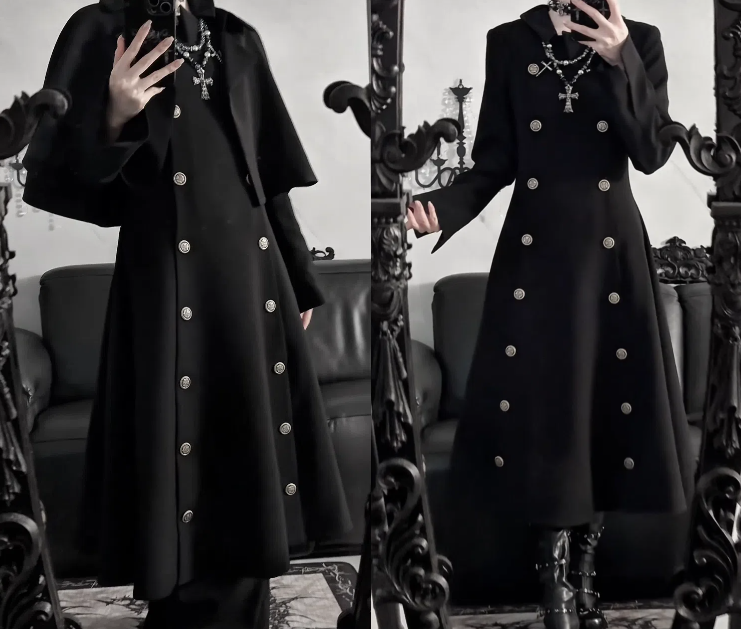 Design / Coat Black Detachable Cape Trench Gray Double-Breasted