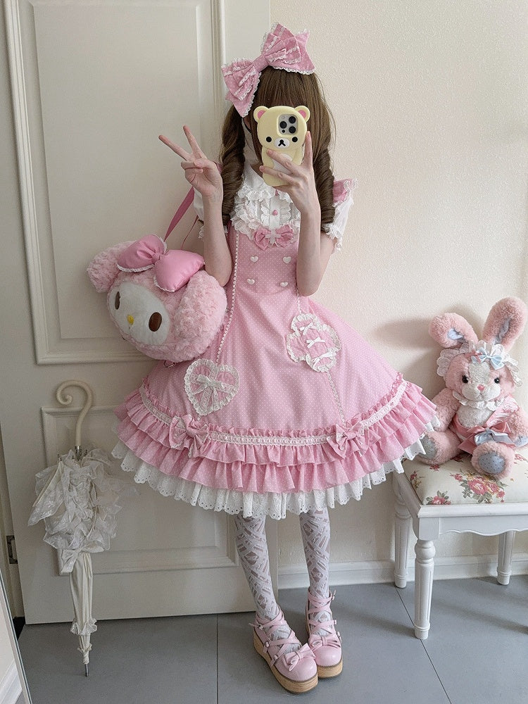 Pink Ruffle Lolita Dress Nurse Hemline Polka-dot Layered Pattern