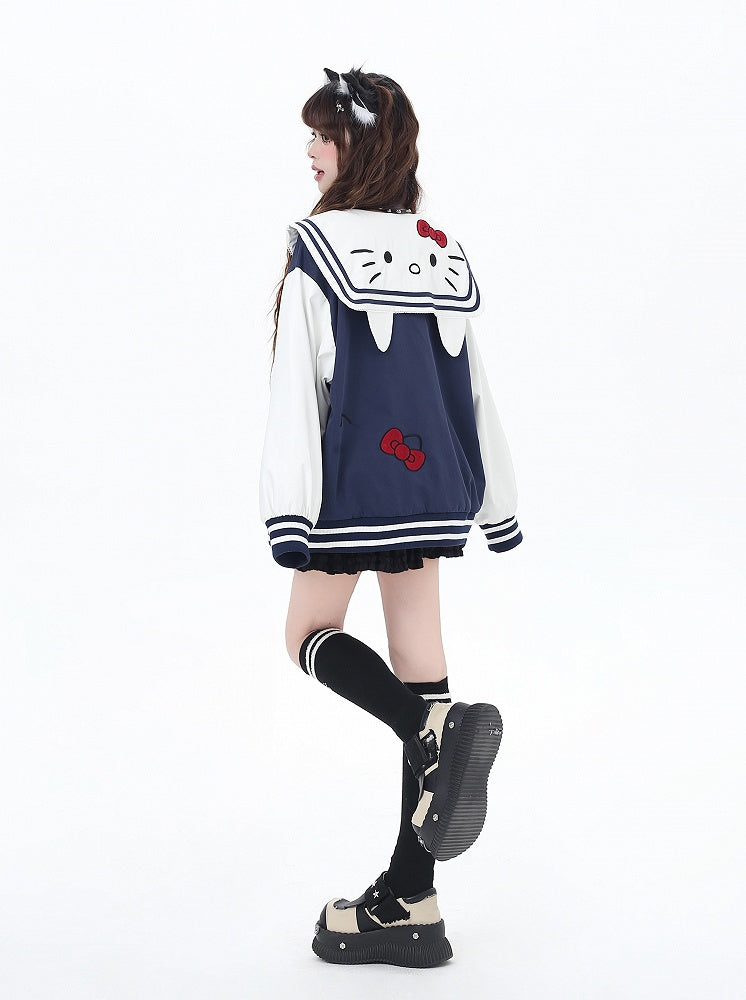 Marineblau/graue Baseballjacke mit Matrosenkragen und Kätzchenstickerei