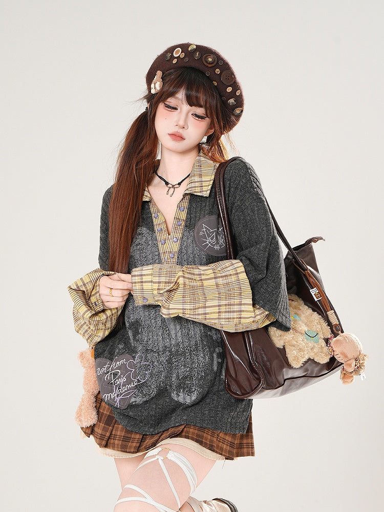 Dark Gray V-Neck Top with Bear Print and Plaid Patchwork Knit