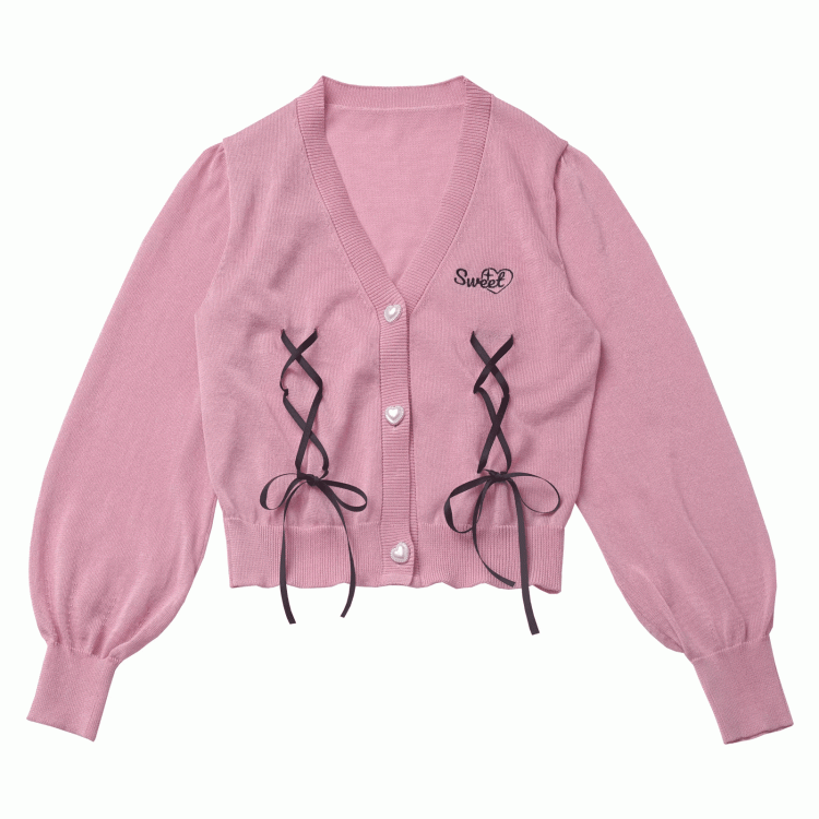 Pink Lace-up Details Front Heart Button Placket Summer Knit Cardigan