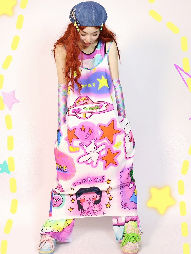 Kleid mit Cartoon-Camisole und buntem Stern-Print