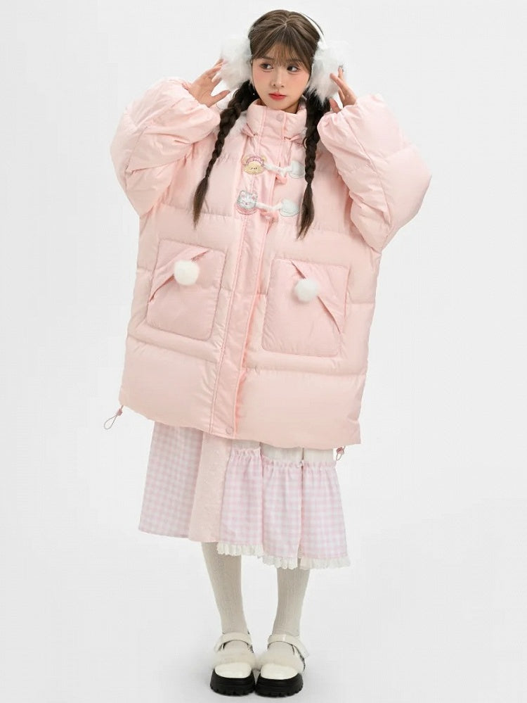 Pink Cute Bear and Kitty Plush Trim Hooded Down Coat