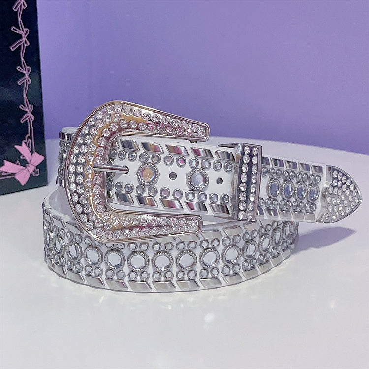 Punk Details Studs Waist Belt Decorated Rhinestone Black/White