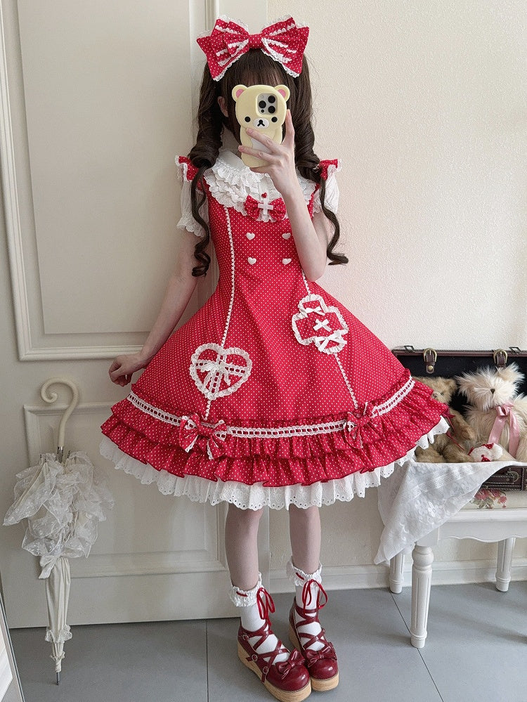 Ruffle Pattern Hemline Layered Dress Polka-dot Lolita Red Nurse