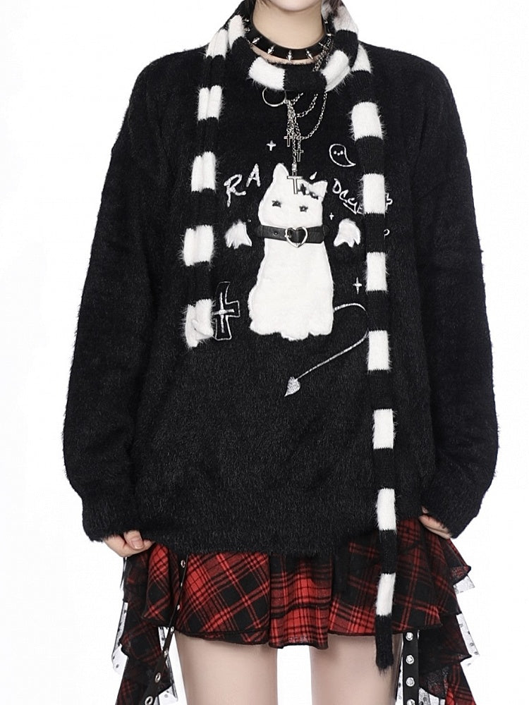 Detail Cat Belt Sweater Collar Knit Flocked Embroidery - Kawaii White/Black
