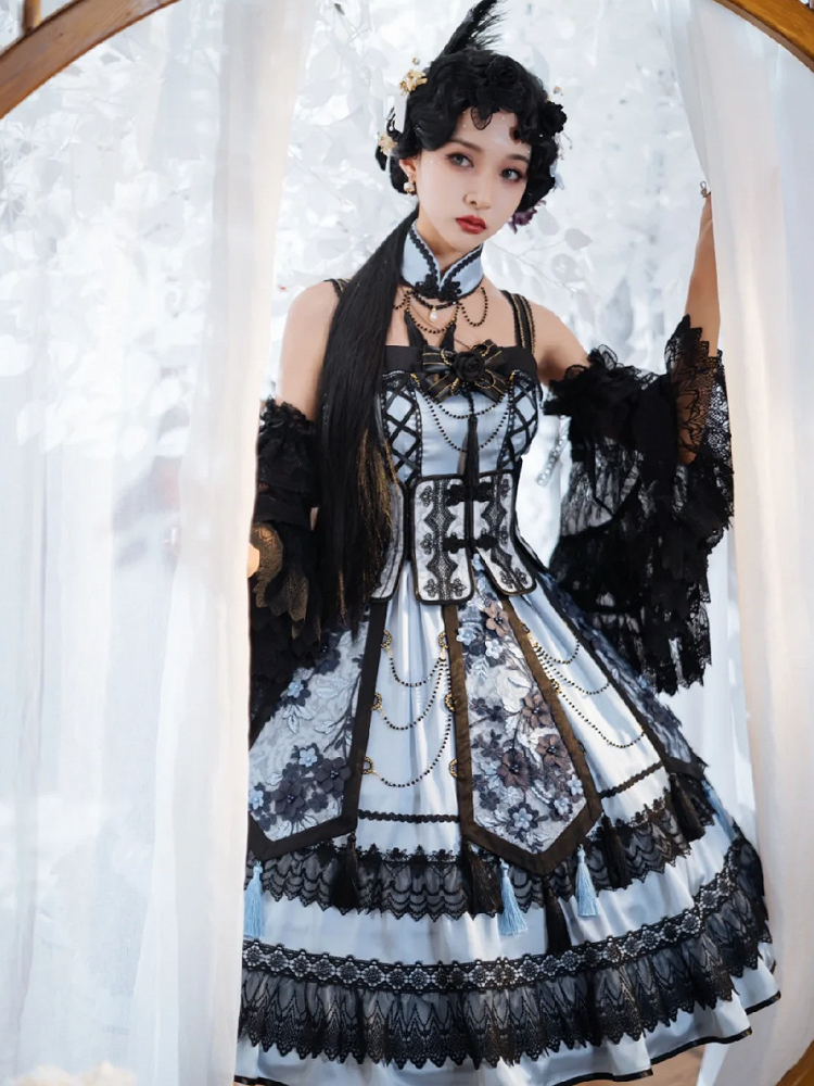 Blue and Black Elegant Chinoiserie Style Dress + Boned Corset Belt + Tassels Overlay Qi Lolita JSK Set