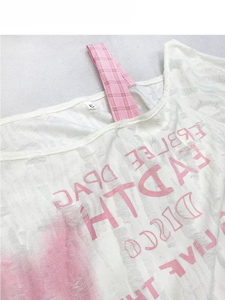 Asymmetrisches Y2K Bittersweet Neckline Letter Butterfly T-Shirt Off-White und Print