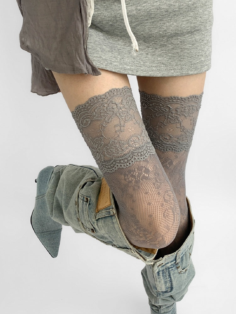 Lace Stockings Gray/White/Brown/Blue/Black Trim Over-knee Hollow-out Design