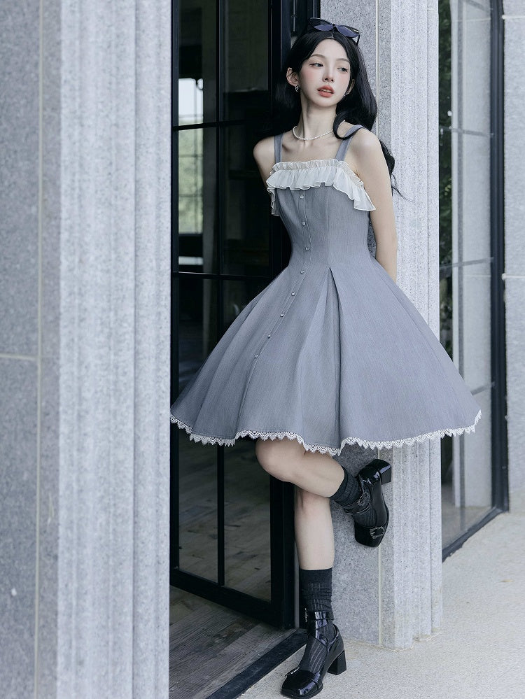 Fit Fashion Waist Lolita Gray Dress Elegant Slim