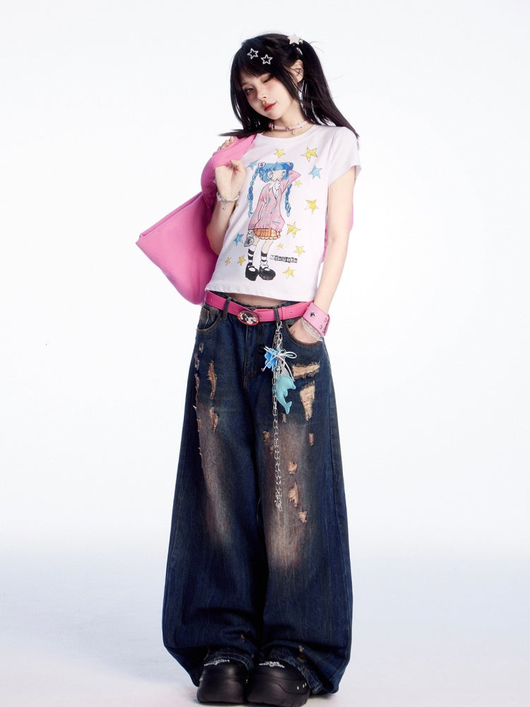 Dark Blue Low Vintage Wide-leg Jeans Waist Distressed Holes