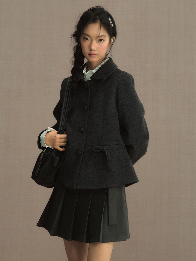 Dark Gray Peter Pan Collar Blazer with Bow Accent