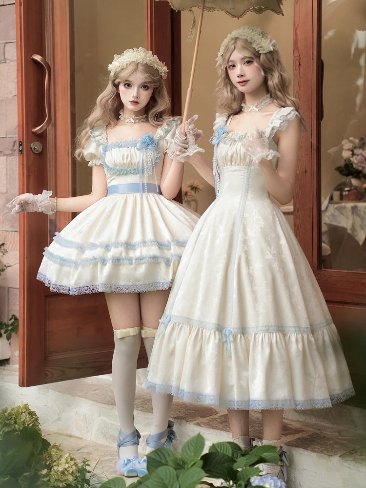 Blue Versatile Beige Neckline Dress Slim Lolita and Fit Waist Light