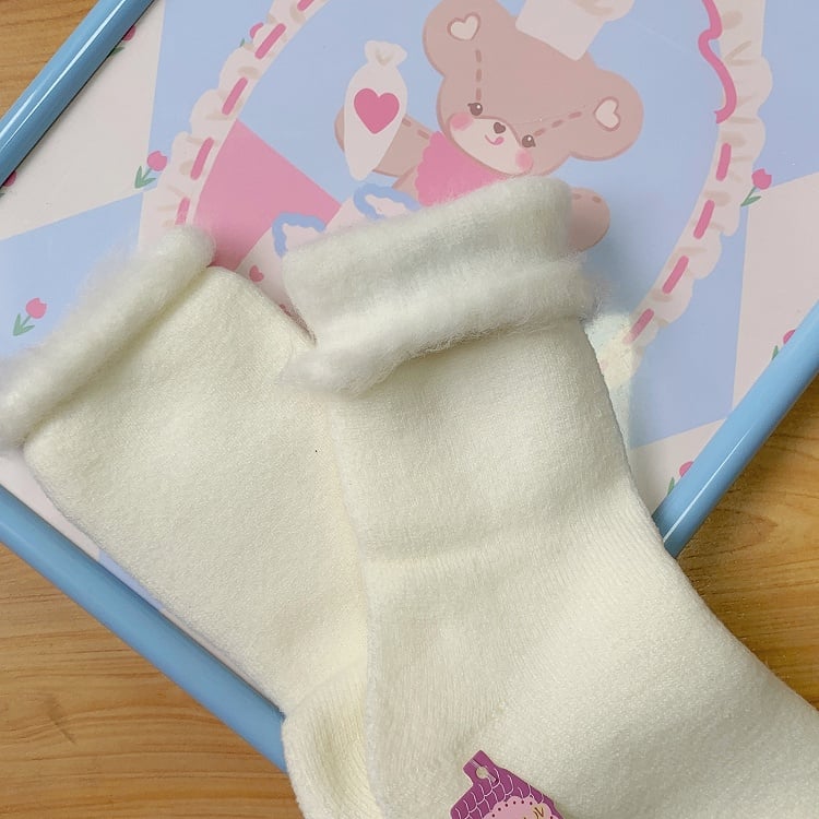 White Cuffed Kawaii Socks Bear Daily Decor Winter with