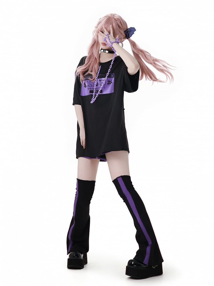 and Purple Elastic Waist Sports Shorts Black
