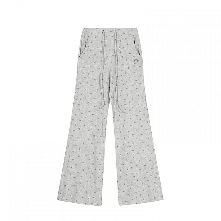 Grey Drawstring Waist Allover Pants Star Print Flared Casual