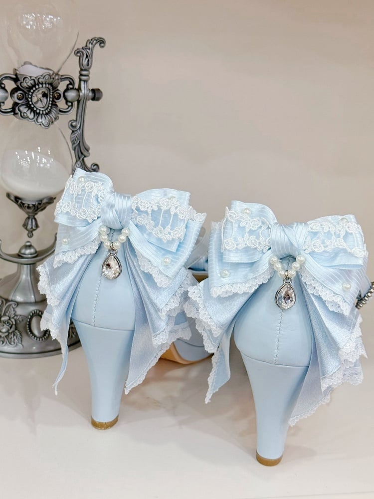 High Buckle Blue Design Heels Heart Crisscross Top Light at Bow