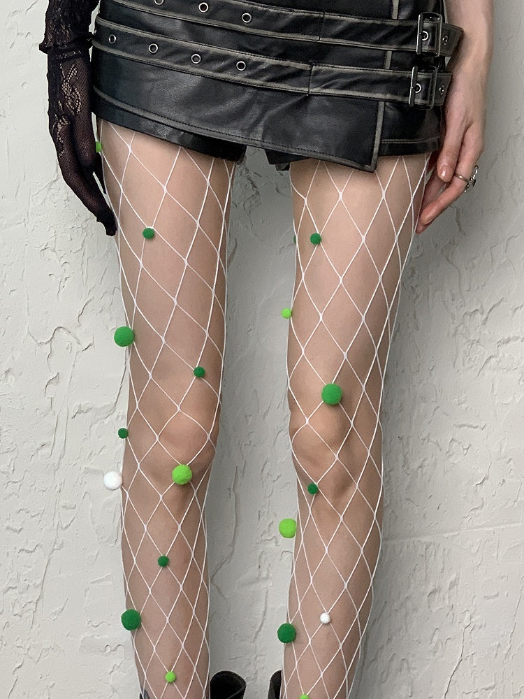 Pompons Green White Design Y2K Fishnet Cut-out With Tights