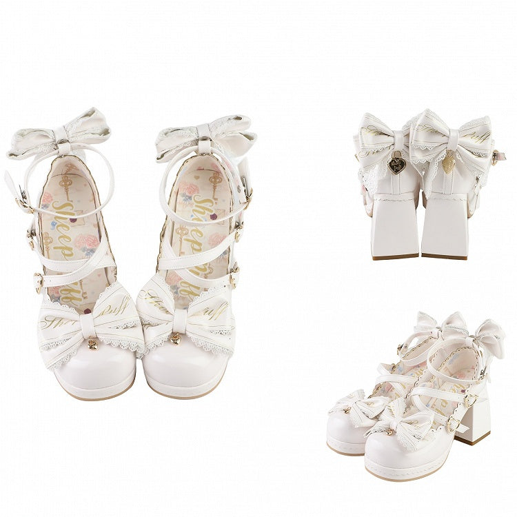 Block Heels Buckles High Bow Detachable Crisscross Design White Top Heart at