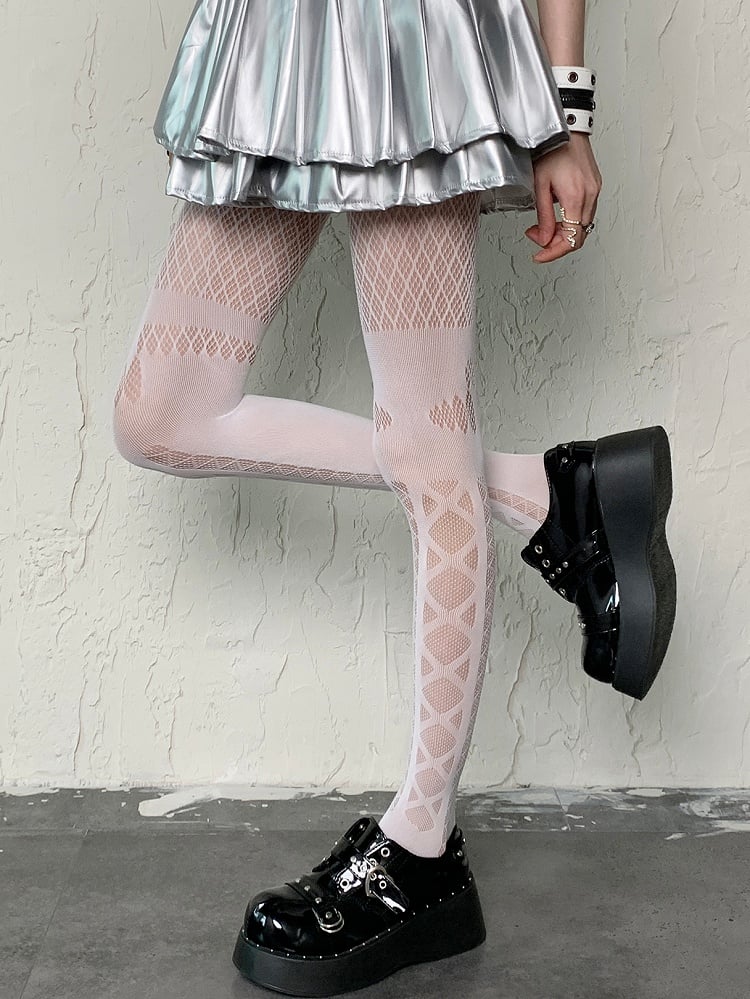 Pattern Tights Diamond Banded Crisscorss White Y2K