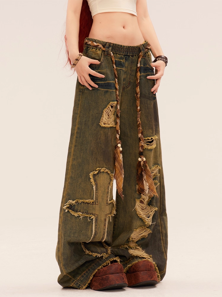Blue Wasteland Punk Cross Applique Distressed Holes Low Rise Vintage Wide-leg Jeans