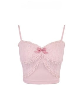Adjustable Straps Cami Pink Embroidery Floral Top With Lace
