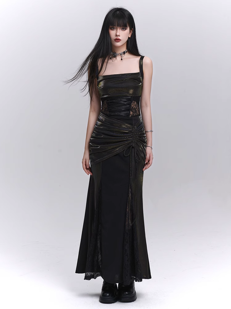Waist Drawstring Black Lace Hip Sleeveless Dress Patches