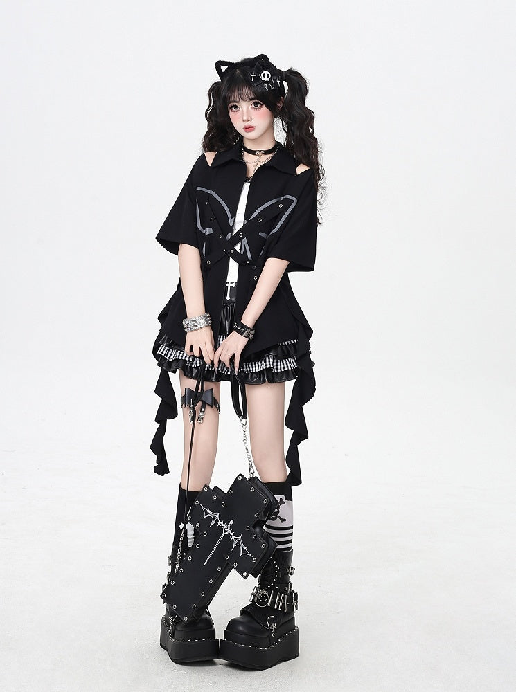 Cascading Ruffles Black Cutout Shoulder Butterfly with Criss-cross Design Zip-up Shirt