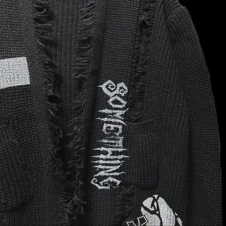 Gothic Punk Black Cross and Skeleton Distress Holes Cardigan Raw Edge