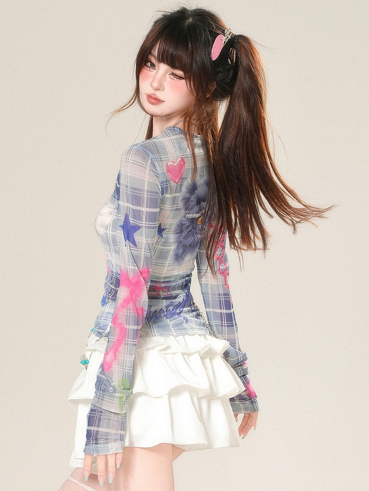 Blue And Glamorous Top Print Pattern Long Sleeves Letter Plaid Doll