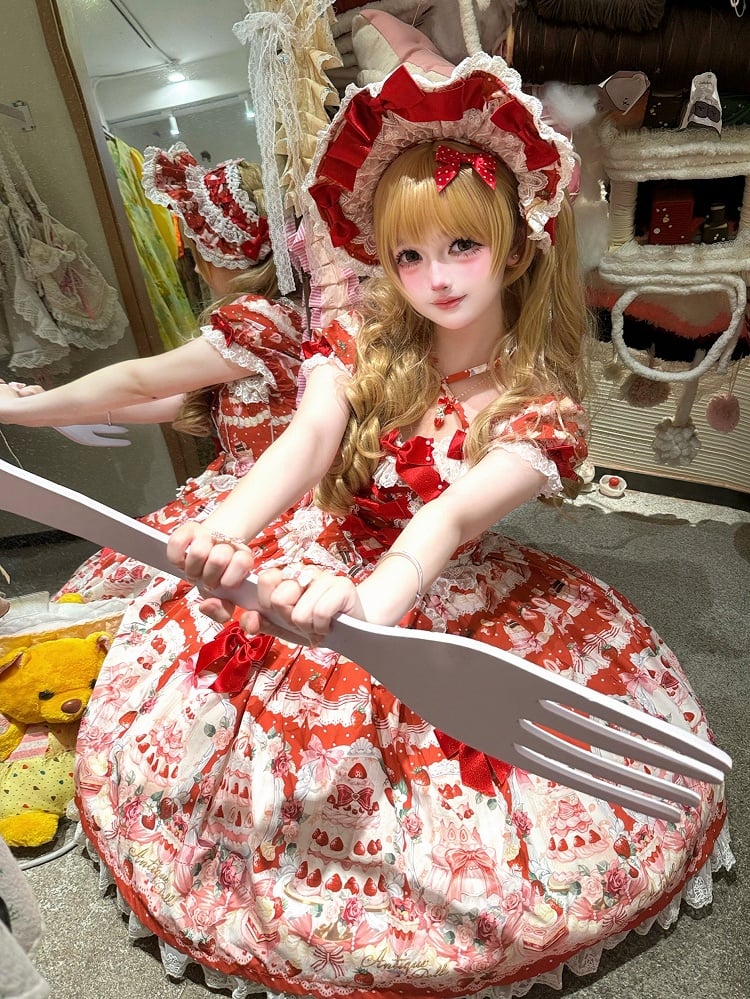 Set Sweet Print / Full Strawberry Lolita Bow Cake Dress Accents Red