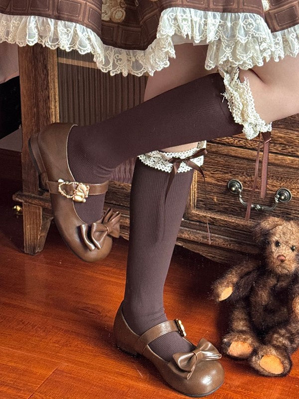 Lace Brown/Black/White Bowknot Calf Lolita Ruffled Socks Cuff Details