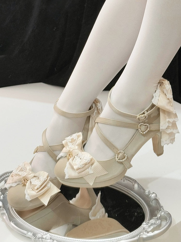 Gold Heels Top Heart Design Bow Buckle Crisscross at High