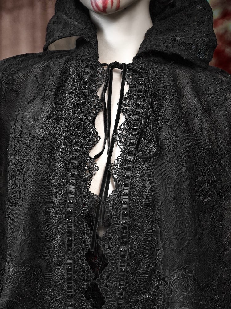 Goth Quasten Saum Spitze Vampir Ständer Schwarz Kragen Cape Schal