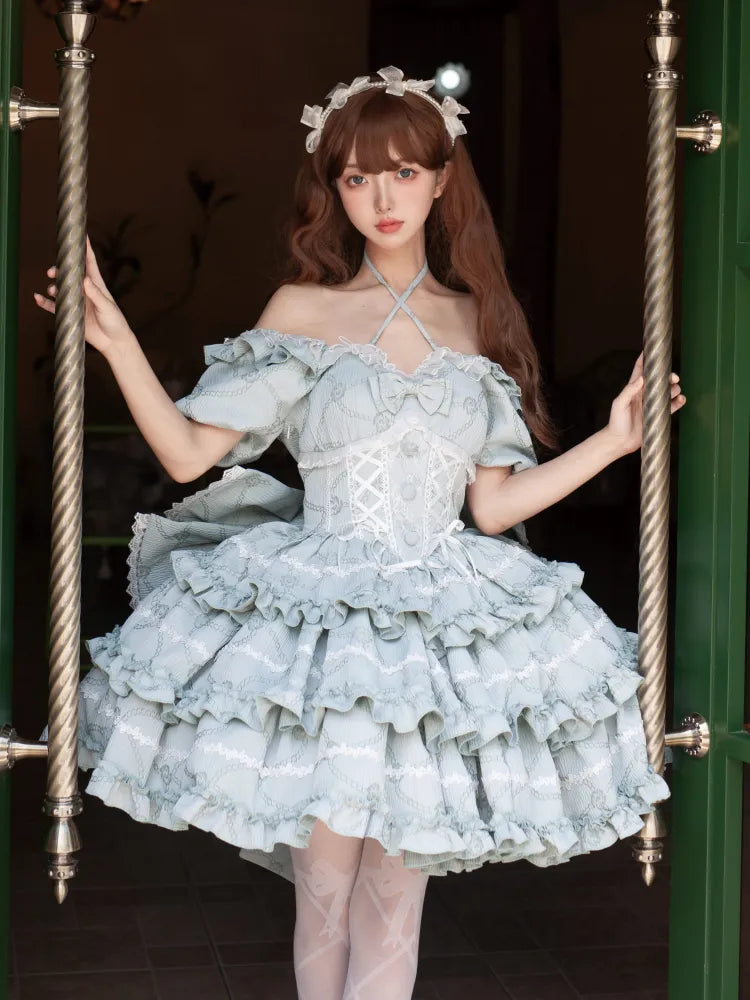 Corset Big Skirt Dress Ruffle with OP Lolita Green Waist Princess