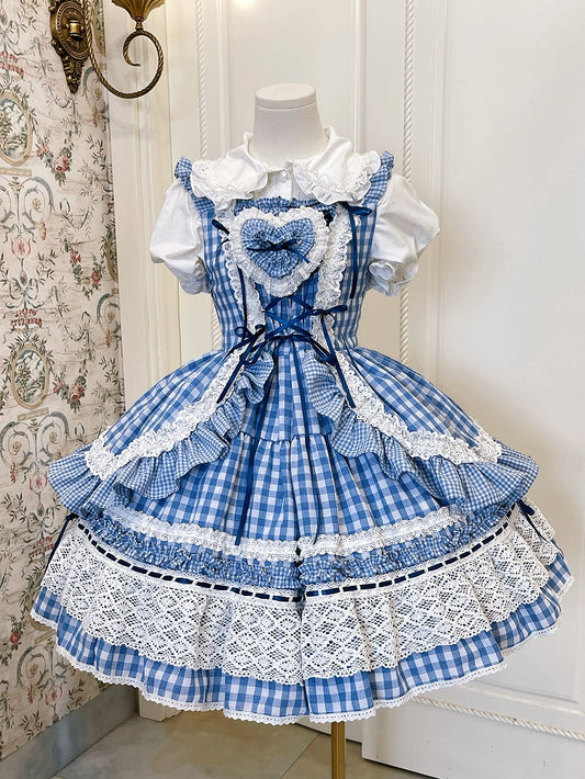 Old and School Blaues Kleid Gingham Lolita Pullover Weißer Rock