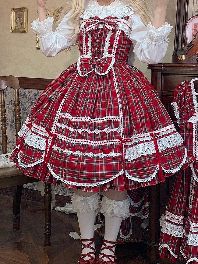 with Accents Skirt Scalloped Jumper Sweet Plaid Lolita Bow Edge Red Trim