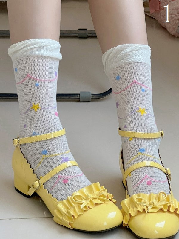With White/Beige Polka-dot Socks Calf Pattern Star And Hollow-out