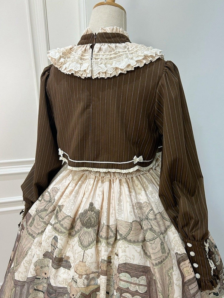 Fake Pieces Design Coffee Creamy Lolita House Print Dress Sleeves Long Teddy Two