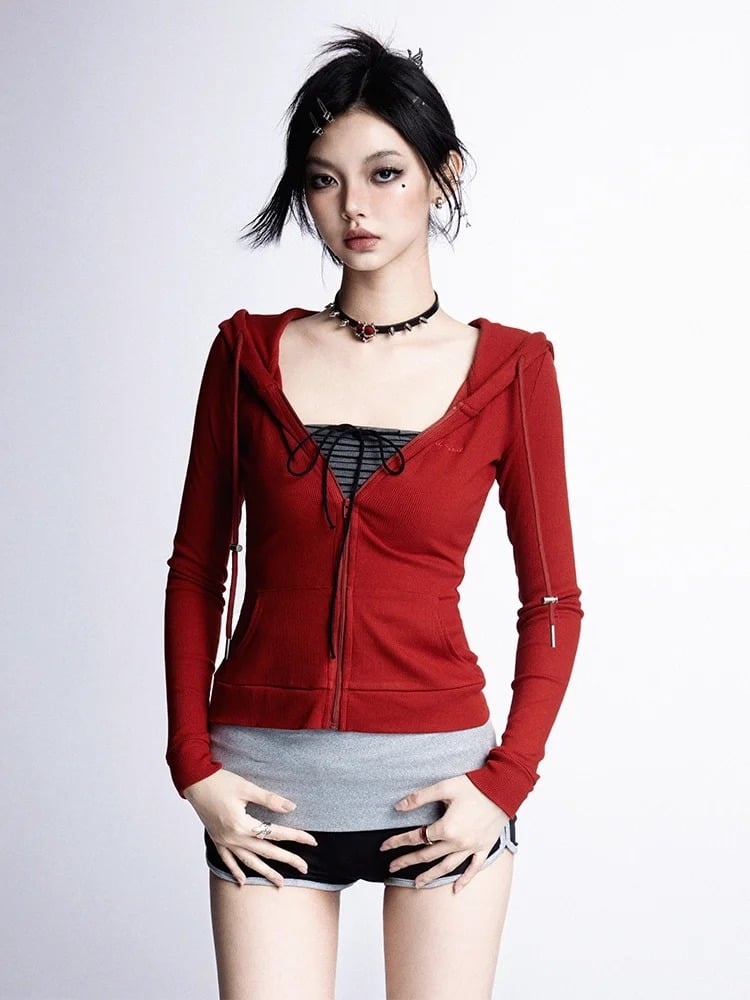 Top Slim-fitting Hooded Zip Closure Black/Gray/Red