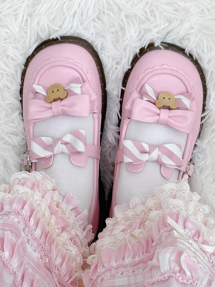 - 2cm Sweet with Uniform Striped Flats Pink Bow PU Lolita Sole