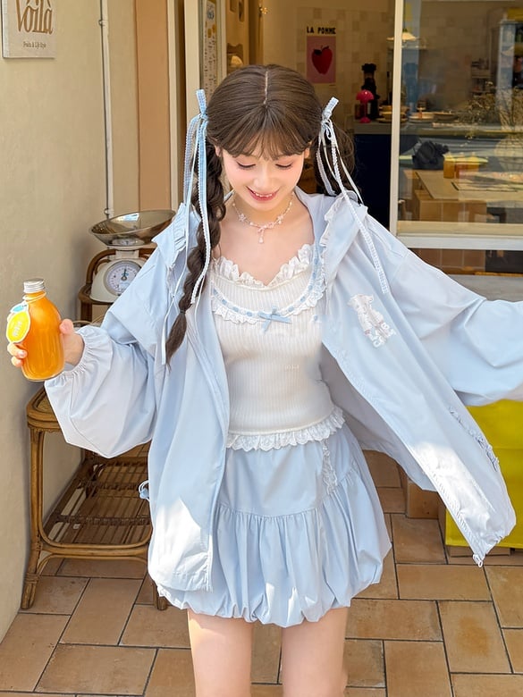 Light Blue Elastic Waist Sweet Bubble Skirt