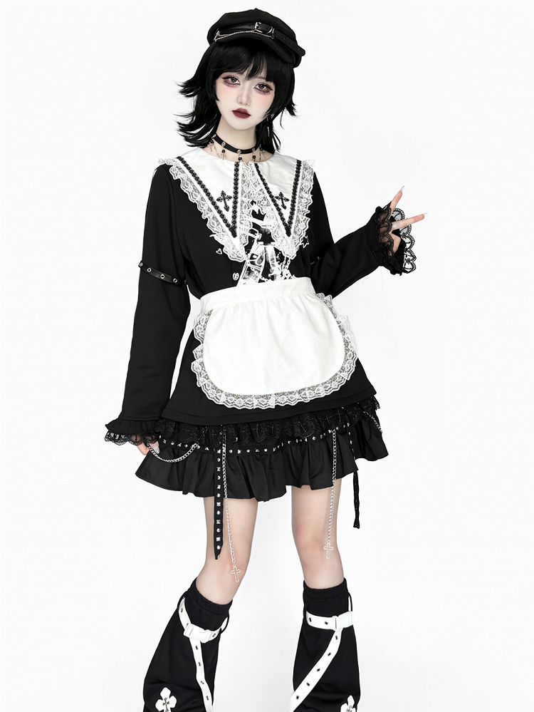 with Black Top: Criss-Cross Cross Pointed Harajuku Style Collar White Jirai Straps Kei Sleeve