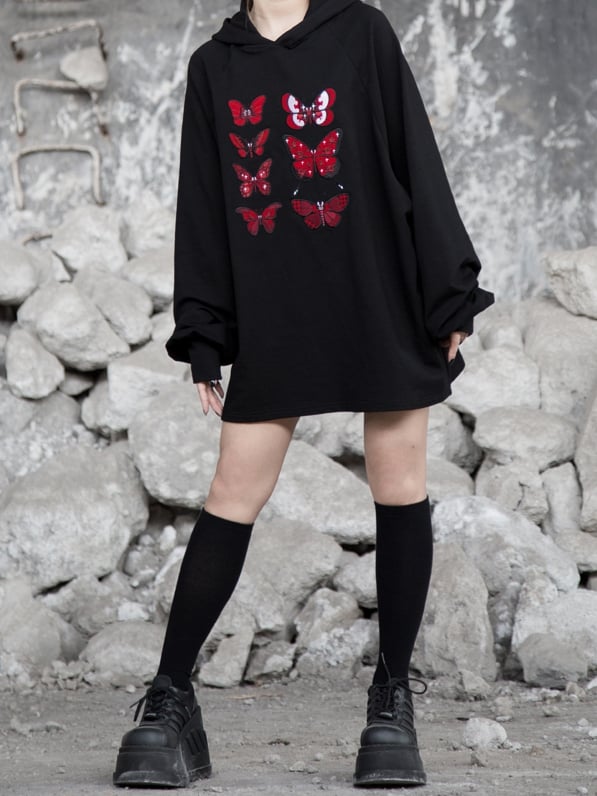 Flock Butterfly Dark Stickerei mit Loose Delicate Romance Gothic Red Hoodie Schwarz