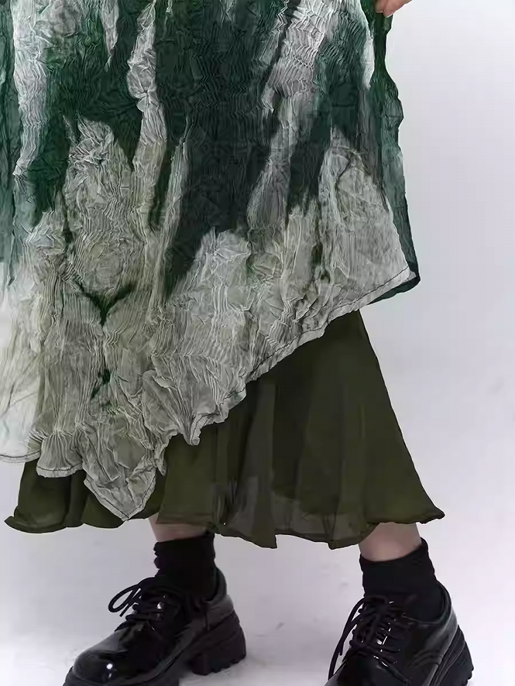 Robe à bretelles spaghetti à volants et ourlet asymétrique vert dégradé