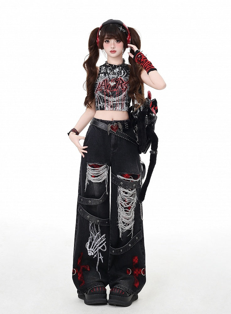 ヴィンテージ ワイドレッグ グレー/レッド チェック柄 ウォッシュ加工 ダメージ加工 フェード加工 パンクホールズ ジーンズ